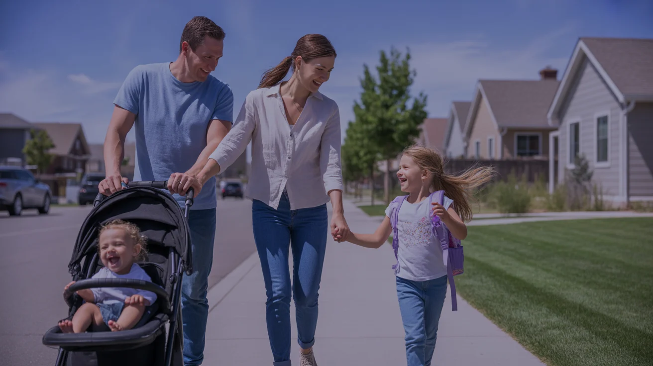 A young family happily walking together on a sunny sidewalk in Taylorsville, Utah.