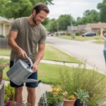 Man watering potted plants on front porch of home in Grand Prairie, Texas on summer morning