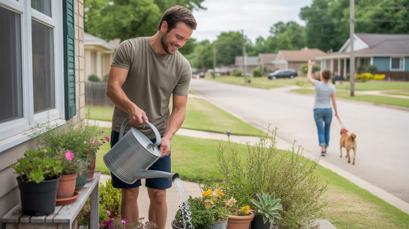 Man watering potted plants on front porch of home in Grand Prairie, Texas on summer morning