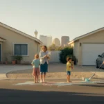 Neighbors chat in a Las Vegas suburb while children play in the driveway at sunset.