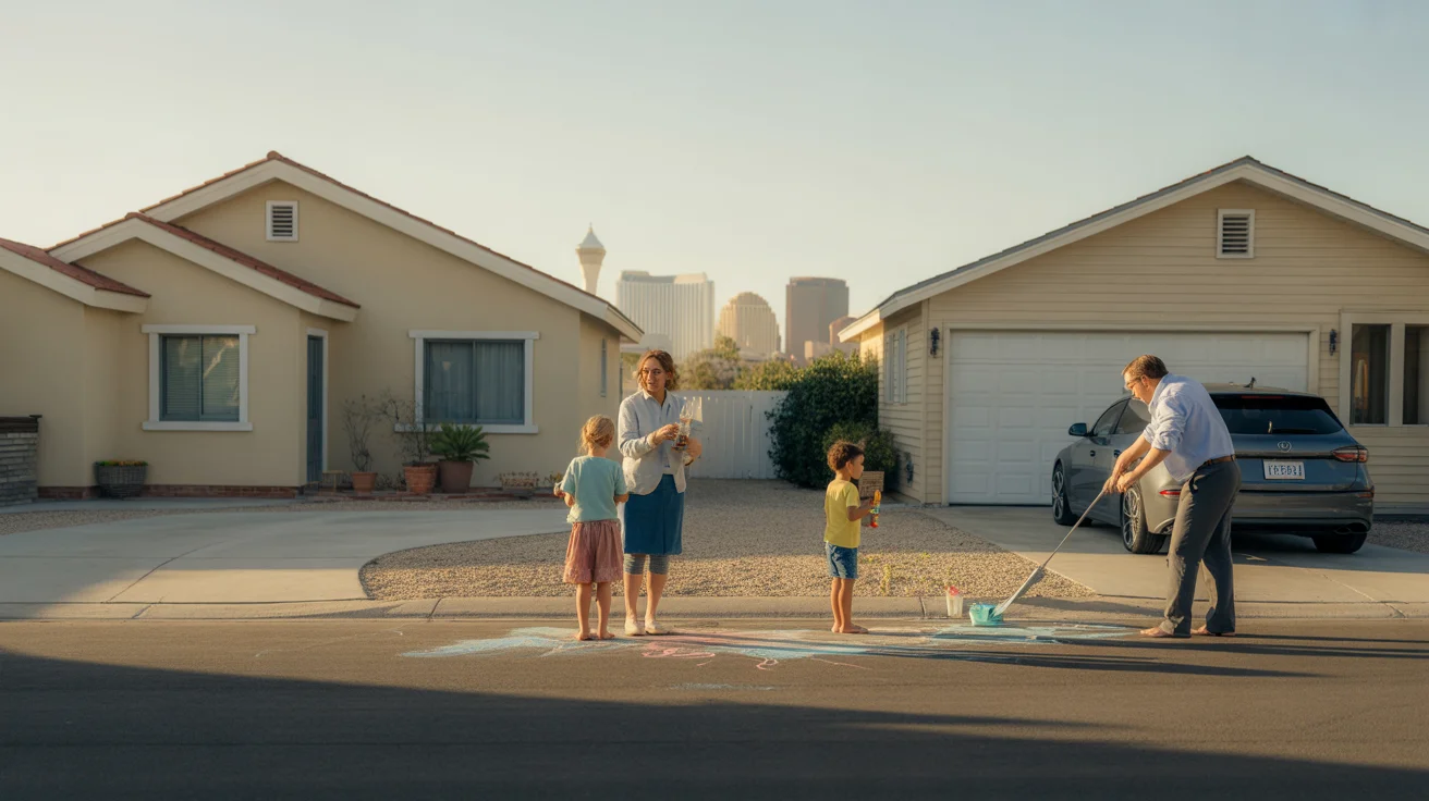 Neighbors chat in a Las Vegas suburb while children play in the driveway at sunset.