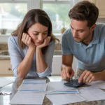 Young couple reviewing utility bills and fees in their new Wheaton home kitchen