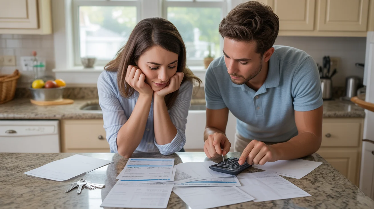 Young couple reviewing utility bills and fees in their new Wheaton home kitchen