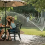 Couple relaxing under backyard umbrella in summer heat