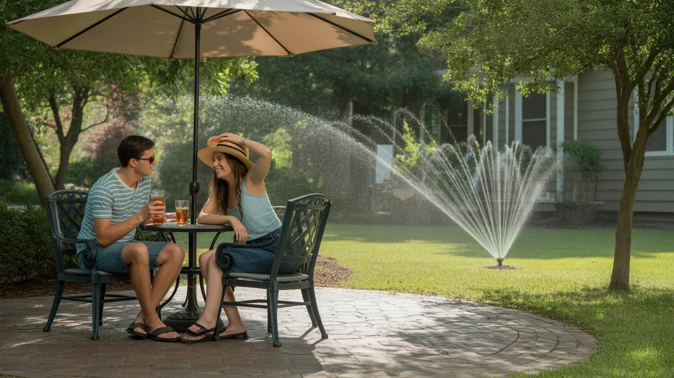 Couple relaxing under backyard umbrella in summer heat