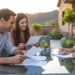 Family reviewing monthly utility bills at patio table outside Irvine home at sunset