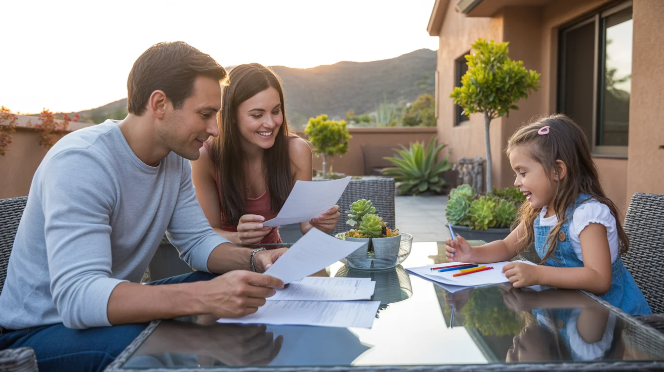 Family reviewing monthly utility bills at patio table outside Irvine home at sunset