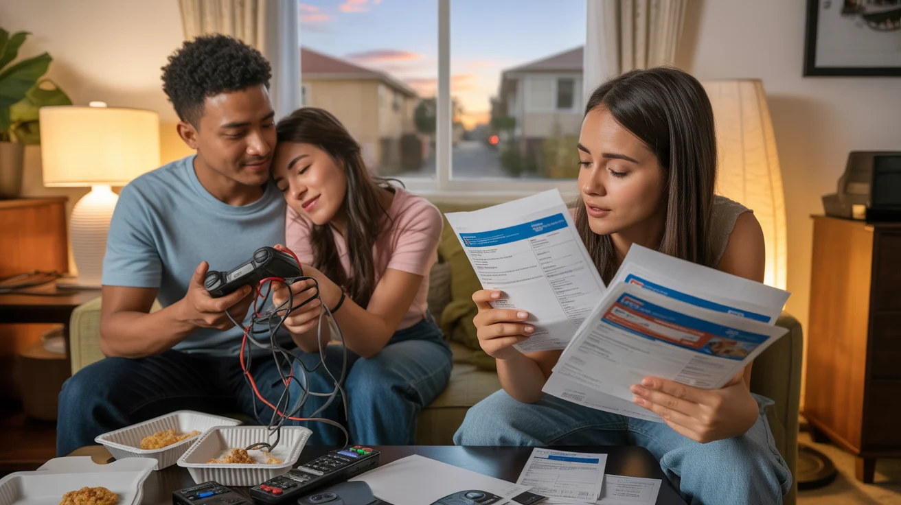 A couple sorts through bills and streaming remotes in their Santa Ana apartment at sunset.