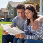 Couple reviewing bills on front steps of house in Commerce City, CO
