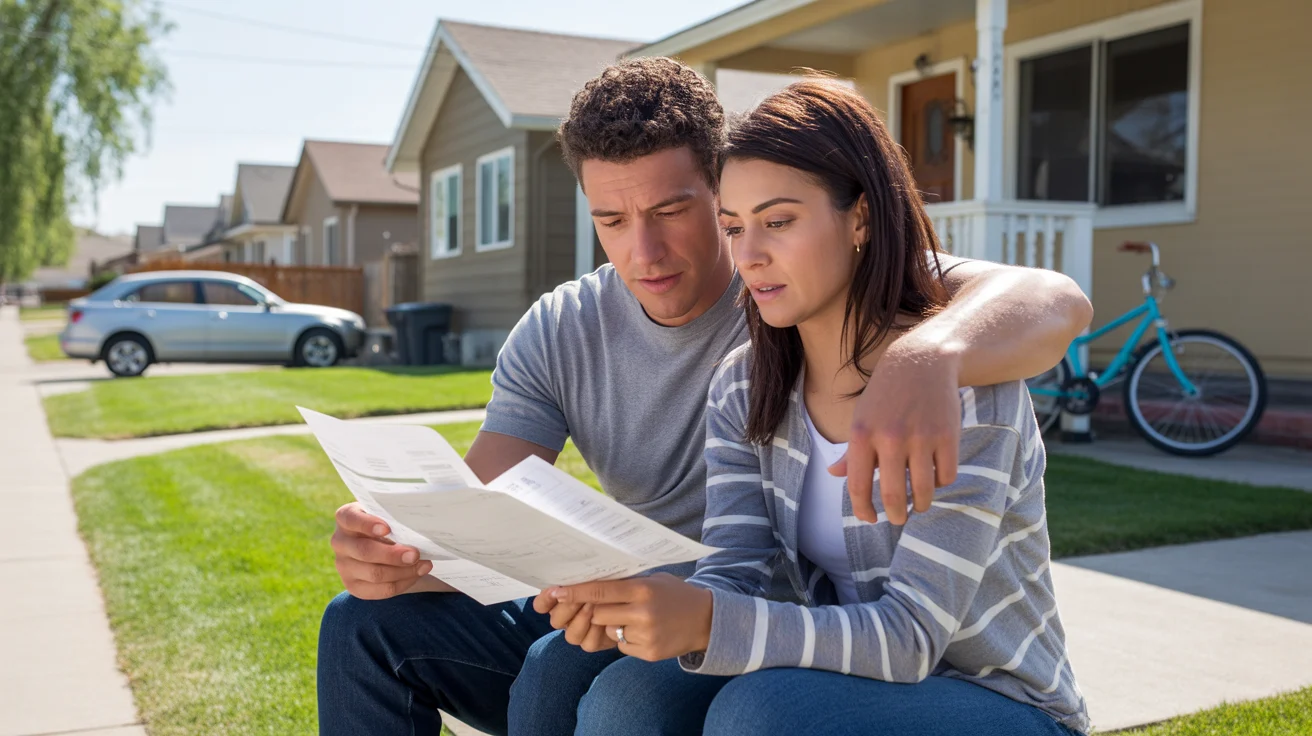 Couple reviewing bills on front steps of house in Commerce City, CO