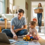 Father considers housing costs in Wheaton while daughter plays beside moving boxes