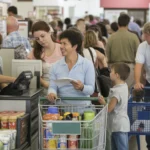 Shoppers of various ages and backgrounds wait in the checkout line at a neighborhood grocery store in Las Vegas