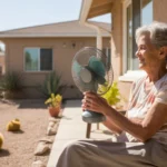 Grandmother sitting on shaded porch in Las Vegas, fanning herself in the summer heat