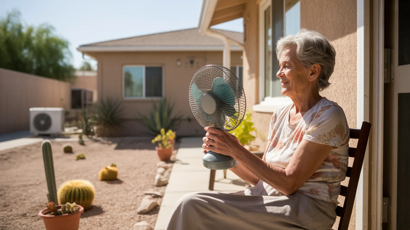 Grandmother sitting on shaded porch in Las Vegas, fanning herself in the summer heat