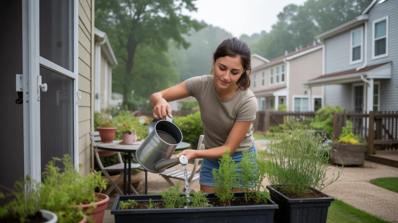 Woman watering potted plants on townhome patio in Smyrna, GA in the morning