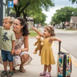 A mother and her two young children with suitcases wait for the bus at a stop in New Braunfels, Texas