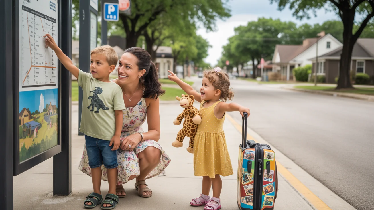 A mother and her two young children with suitcases wait for the bus at a stop in New Braunfels, Texas