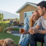 Couple sits together on patio of Sandy, Utah home, looking at view of mountains