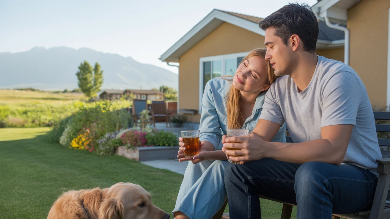 Couple sits together on patio of Sandy, Utah home, looking at view of mountains