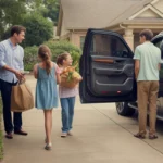 Family unloading groceries outside their home in Sugar Land, TX