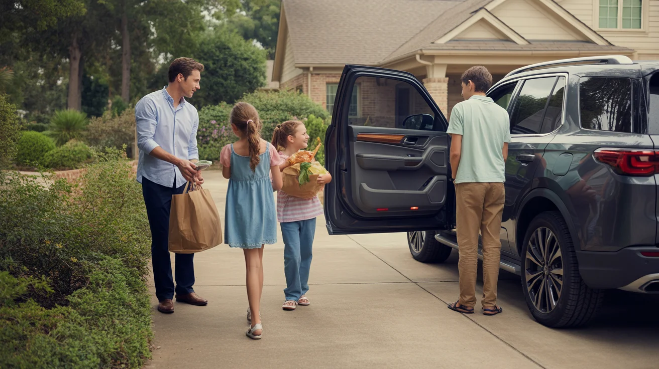 Family unloading groceries outside their home in Sugar Land, TX