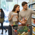 A couple shops for groceries together in an Elgin supermarket aisle