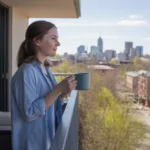 Woman on Raleigh apartment balcony looking at city skyline
