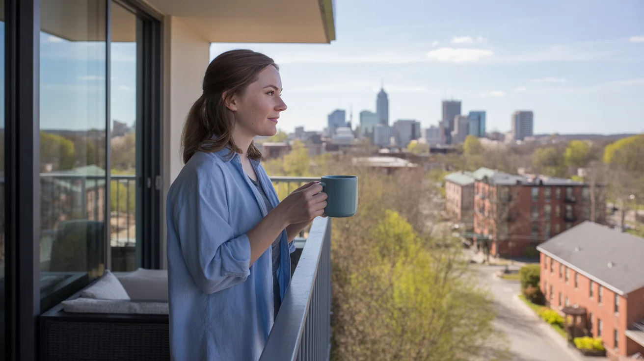 Woman on Raleigh apartment balcony looking at city skyline