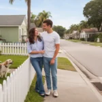 Couple chats with neighbor outside Tampa bungalow and townhome