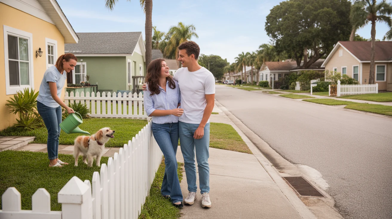 Couple chats with neighbor outside Tampa bungalow and townhome