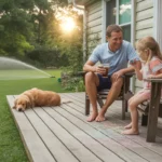 Father and daughter relax on backyard deck in summer evening