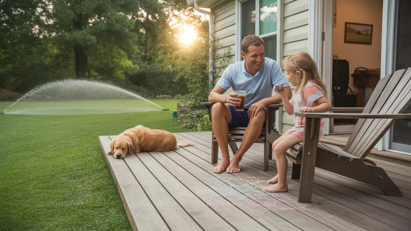 Father and daughter relax on backyard deck in summer evening