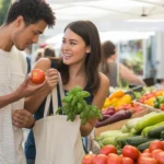 Couple shopping for fresh tomatoes and produce at farmers market stall in Orange, California