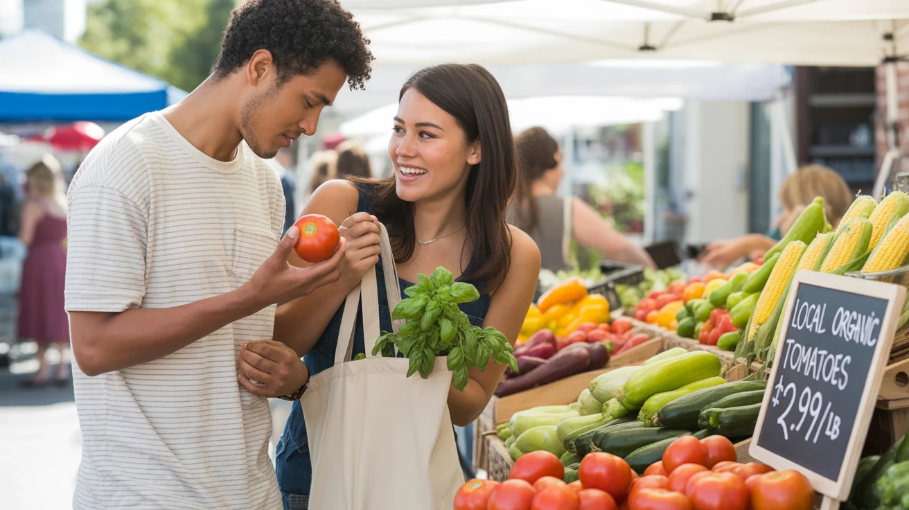 Couple shopping for fresh tomatoes and produce at farmers market stall in Orange, California
