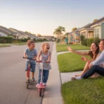A young family enjoying an evening in their Orlando neighborhood cul-de-sac, with children riding scooters and parents chatting on the front porch.