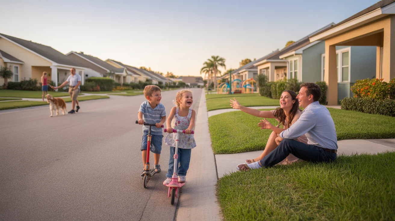 A young family enjoying an evening in their Orlando neighborhood cul-de-sac, with children riding scooters and parents chatting on the front porch.