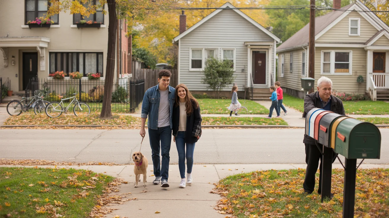 A couple walking their dog past apartments and houses on a tree-lined street in Chicago.