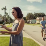 Woman paying utility bill at outdoor kiosk on residential street in Winter Garden, Florida