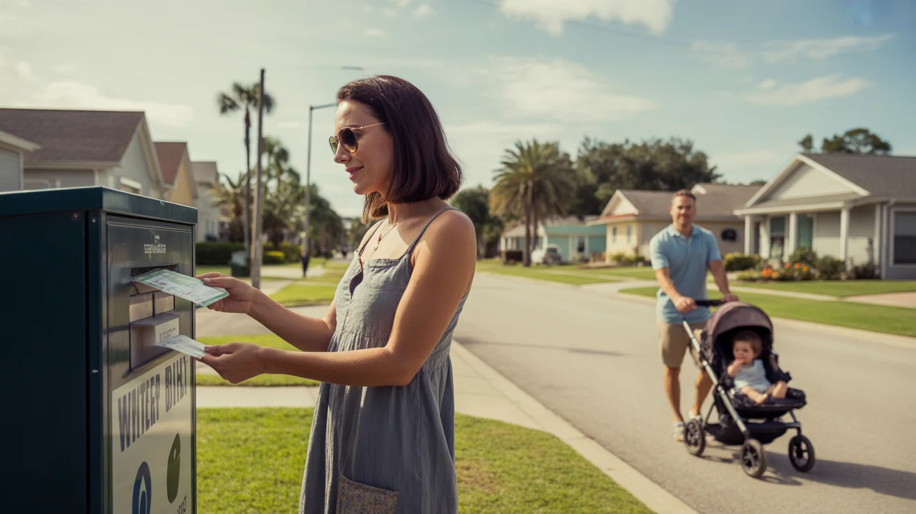 Woman paying utility bill at outdoor kiosk on residential street in Winter Garden, Florida