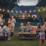 A diverse group of friends and neighbors gathered in a cozy Roswell backyard at night, enjoying drinks and conversation under string lights.