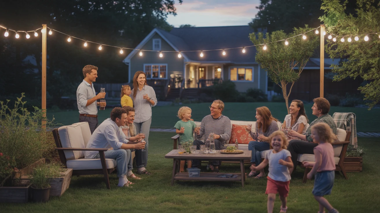 A diverse group of friends and neighbors gathered in a cozy Roswell backyard at night, enjoying drinks and conversation under string lights.