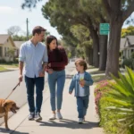 A family walks their dog through a peaceful residential street in Santa Ana, California