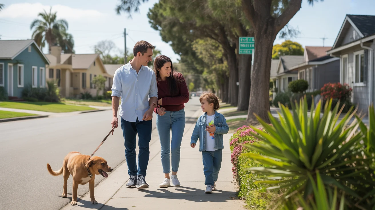 A family walks their dog through a peaceful residential street in Santa Ana, California