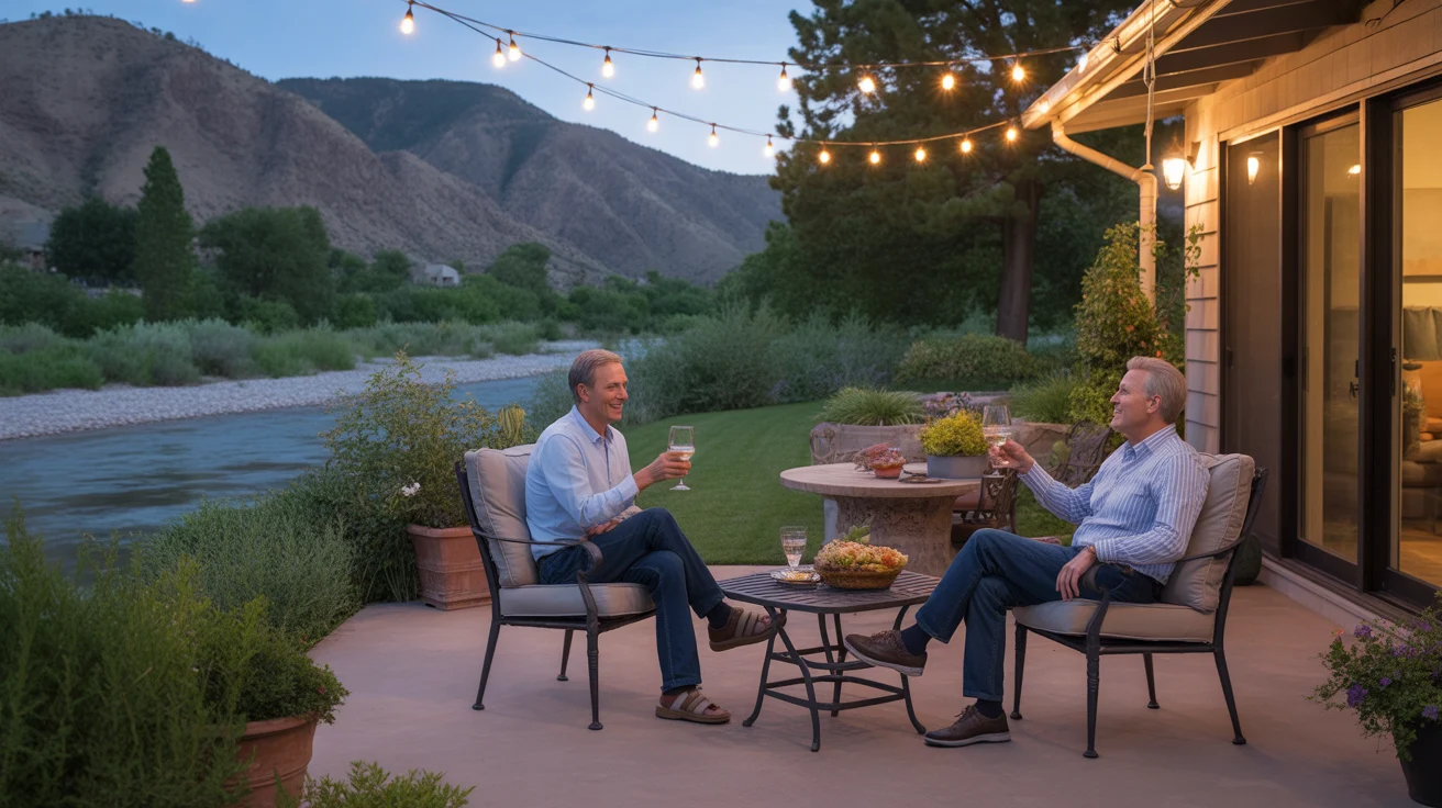 A couple enjoys an evening glass of wine on the patio of their spacious Riverside home