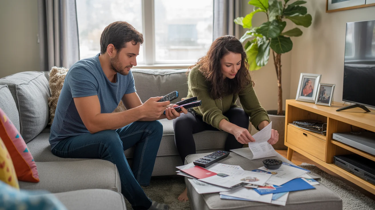 Two roommates in a Littleton living room, one holding streaming remotes, the other sorting through mail and bills on the coffee table.