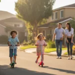 Two children riding scooters on a quiet Irvine cul-de-sac at sunset while their parents chat with a neighbor.