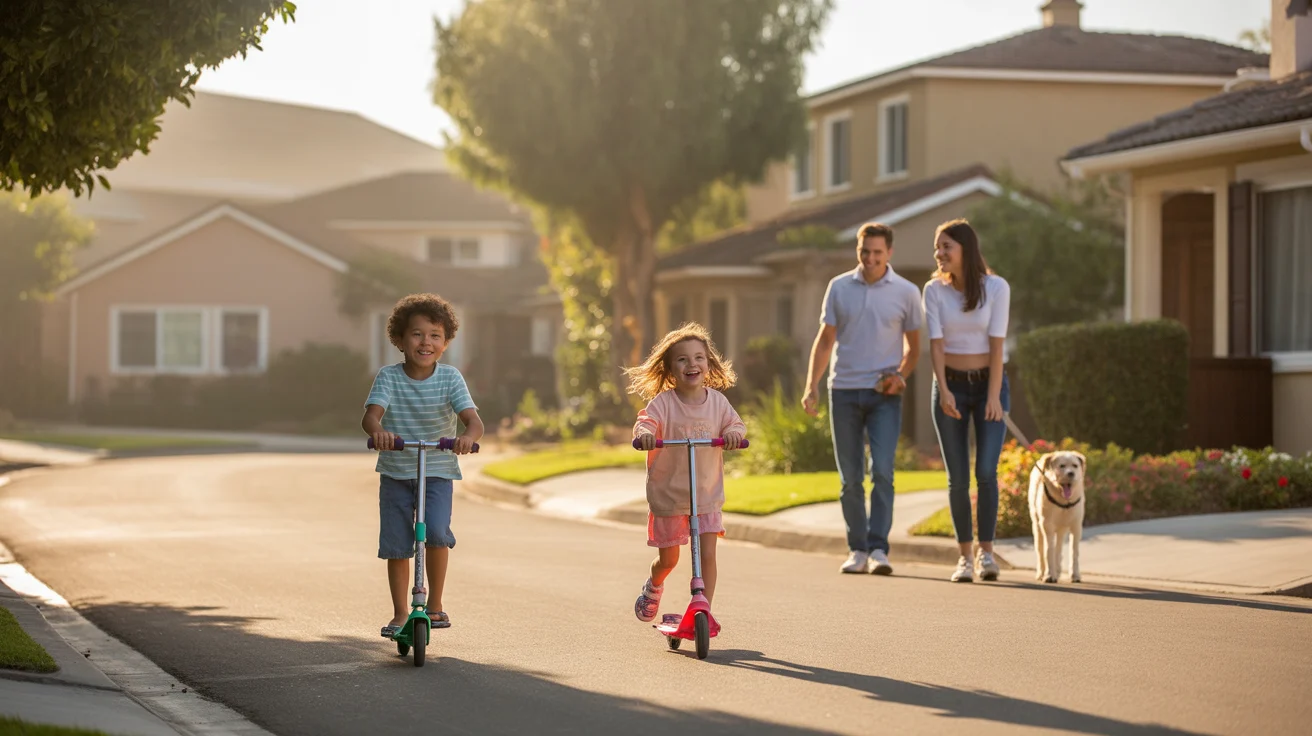 Two children riding scooters on a quiet Irvine cul-de-sac at sunset while their parents chat with a neighbor.