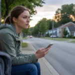 Young woman checking phone while waiting for the bus at a stop in Huntersville, NC at dusk