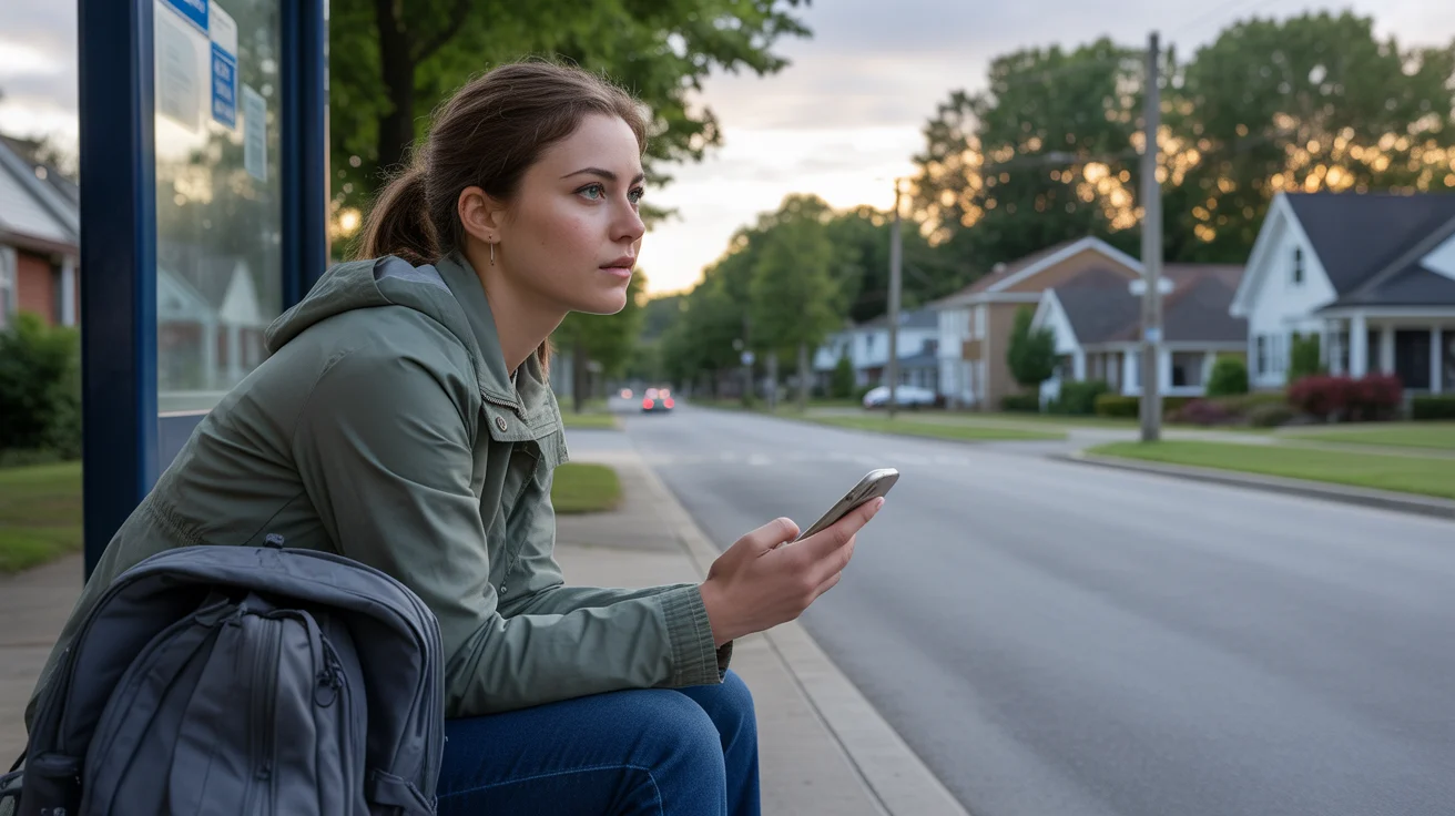 Young woman checking phone while waiting for the bus at a stop in Huntersville, NC at dusk