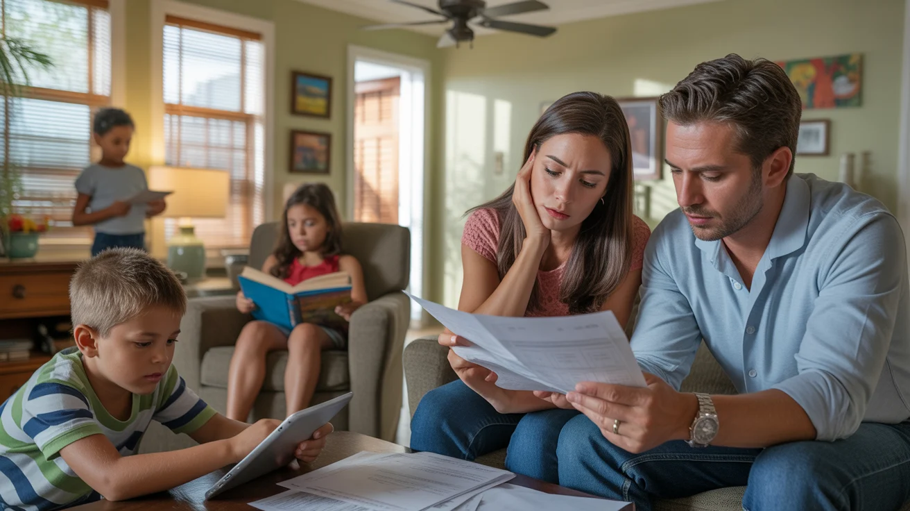 Family in Orange, CA living room looking concerned over summer utility bills